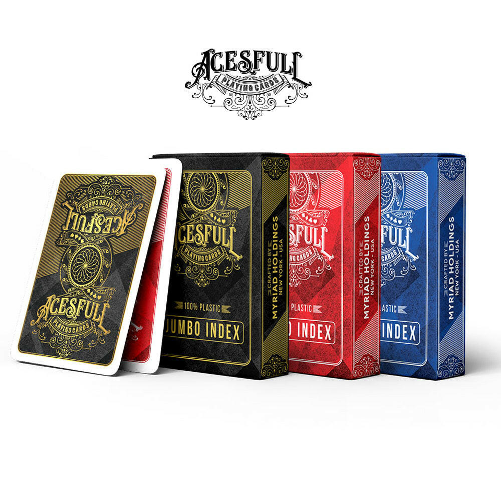 A set of Acesfull USA playing cards with jumbo index in multiple colors including red, blue, and black, displayed in their packaging.
