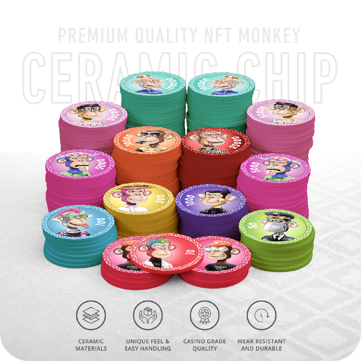 NFT Monkey Poker Chipset - 300/500 Pcs, 10/20 Plaques, Ceramic, 40/45/50mm, 10/14/17g