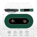 Green poker mat with Aceful logo, carrying bag, and dimensions on a white background