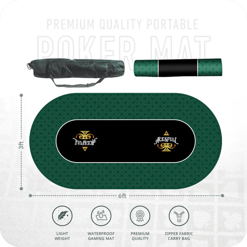 Green poker mat with Aceful logo, carrying bag, and dimensions on a white background