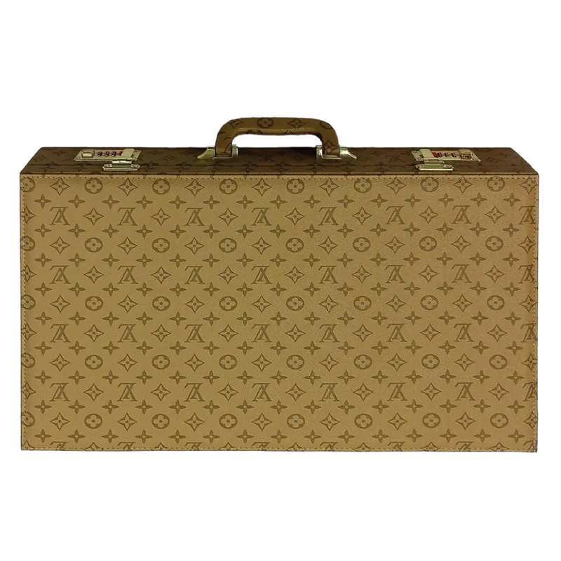Beige suitcase with a pattern on a white background