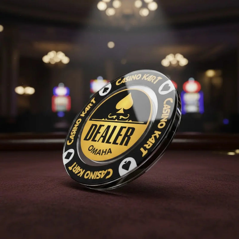 Poker chip with 'Dealer' and 'Omaha' text on a blurred casino background