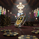 Casino chips with a visible brand logo on a blurred casino background