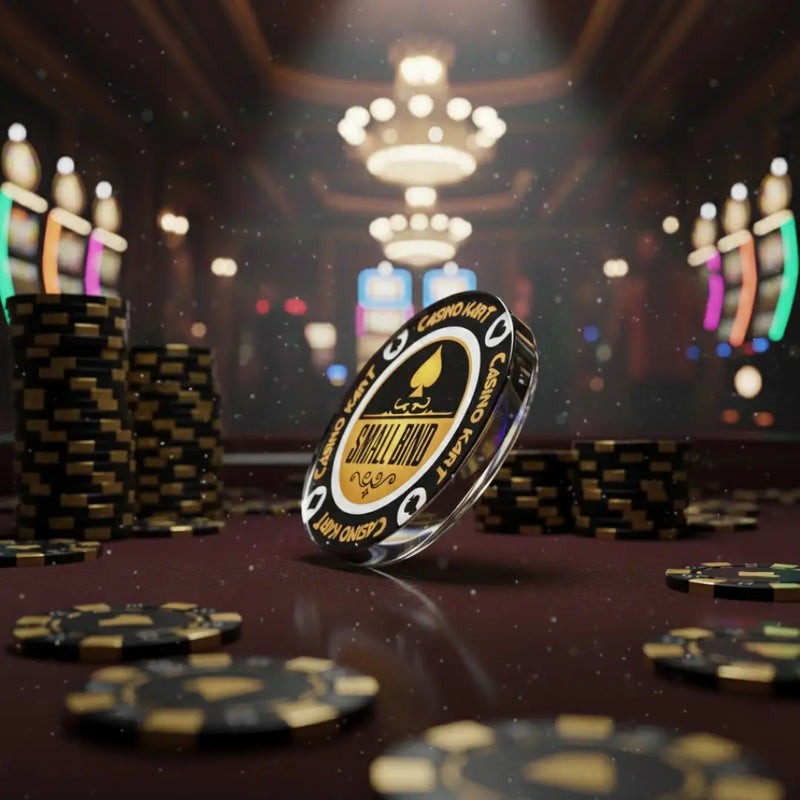 Casino chips with a visible brand logo on a blurred casino background