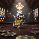 Poker chip with 'Casino Kart' branding on a casino table with blurred lights in the background