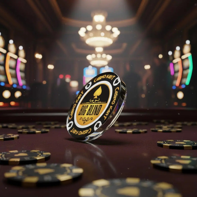 Poker chip with 'Casino Kart' branding on a casino table with blurred lights in the background