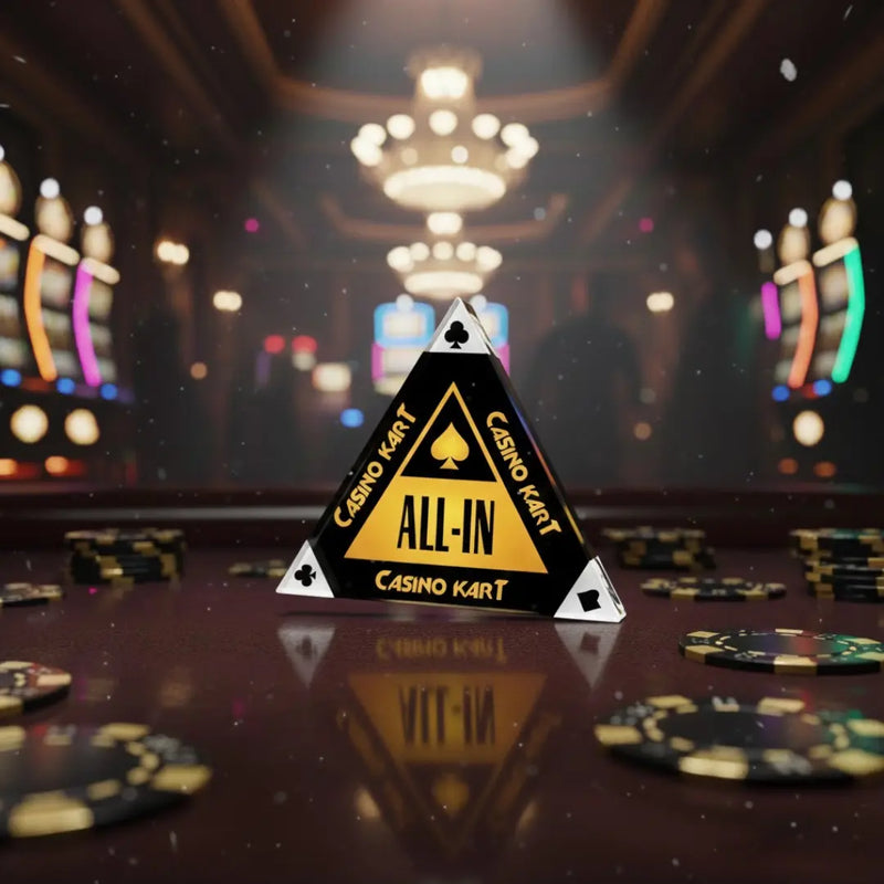 Casino kart with 'All-In' sign on a poker table with chips and blurred casino lights in the background