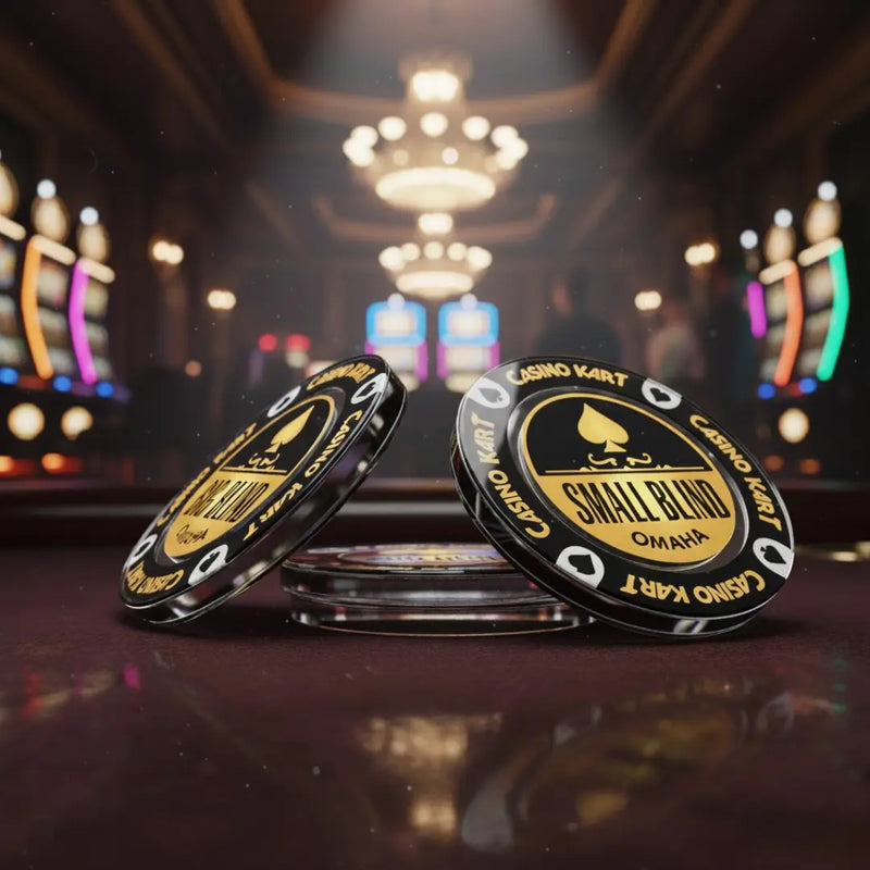 Poker Buttons with 'Casino Kart' branding on a blurred casino background