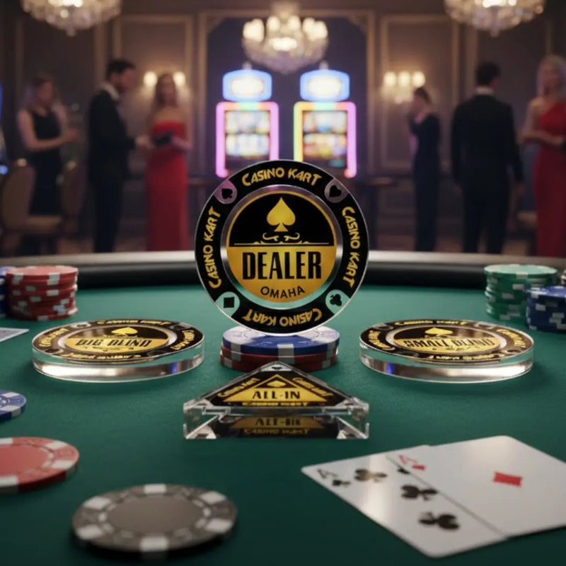 Poker table with chips, cards, and a dealer button in a casino setting.