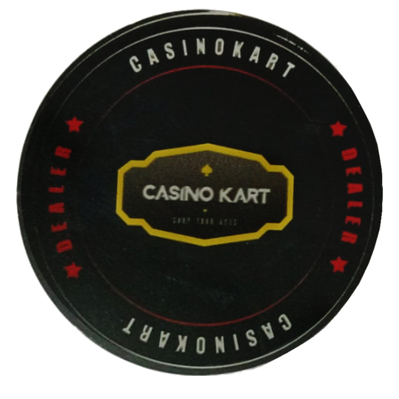 Black circular dealer button with 'Casinokart' branding on a white background