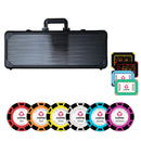 Black case with poker chips and cards on a white background