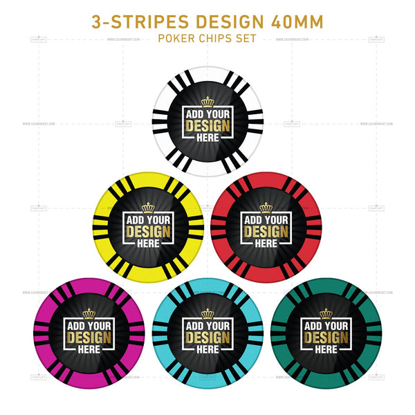 Customisable Casino Poker Chips, 3 Stripes Design 40 MM
