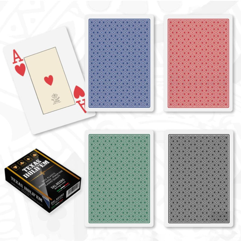 A spread of Dal Negro Texas Holdem playing cards in multiple colors, including a white card with a red heart, a blue card with a pattern, a red card with a pattern, and a green card with a gray pattern. The packaging box is also visible.