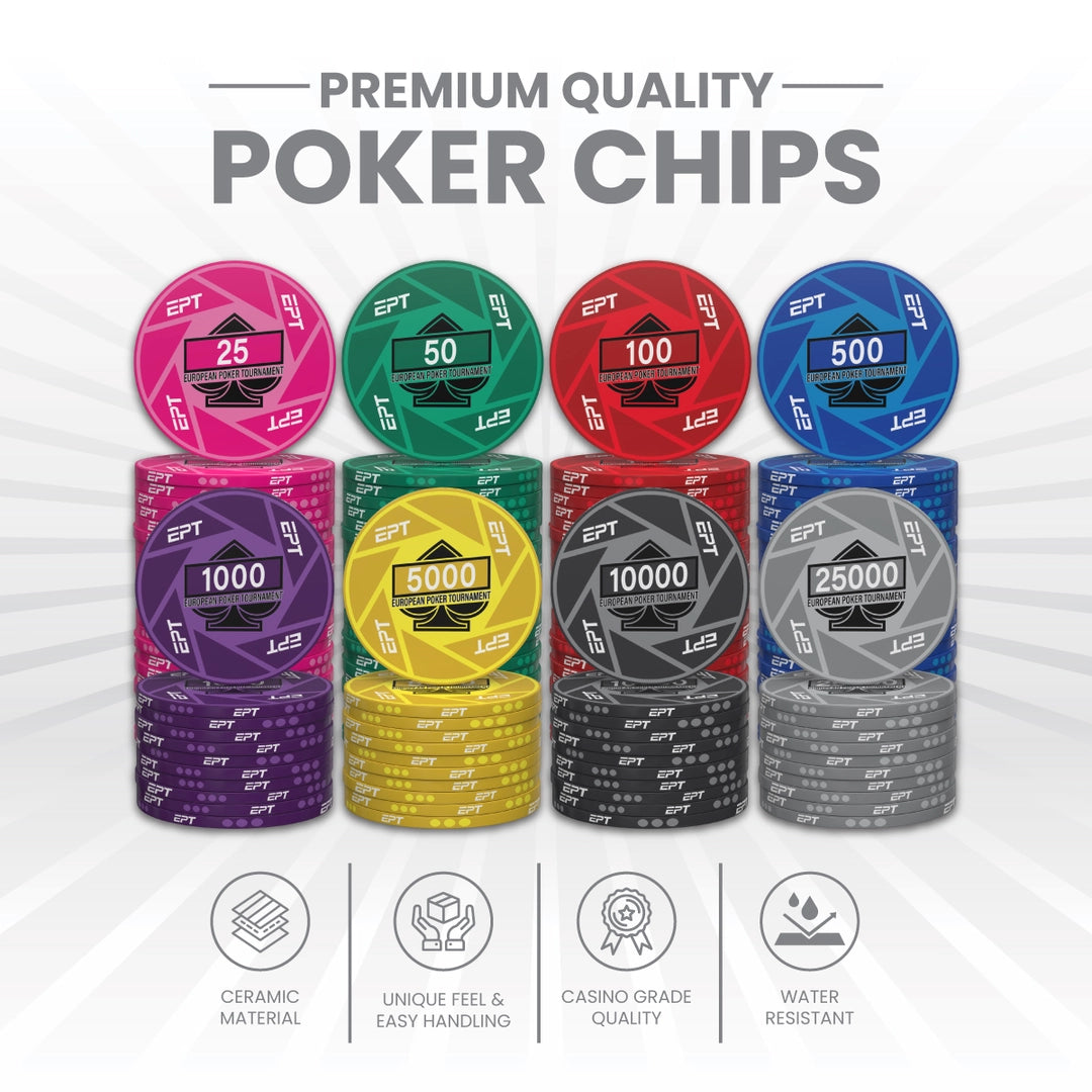 EPT Poker Chipset - 300/500 Pcs, 10/20 Plaques, Ceramic, 40/45/50mm, 10/14/17g