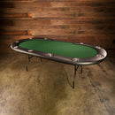 Poker table with green felt surface against a wooden wall.