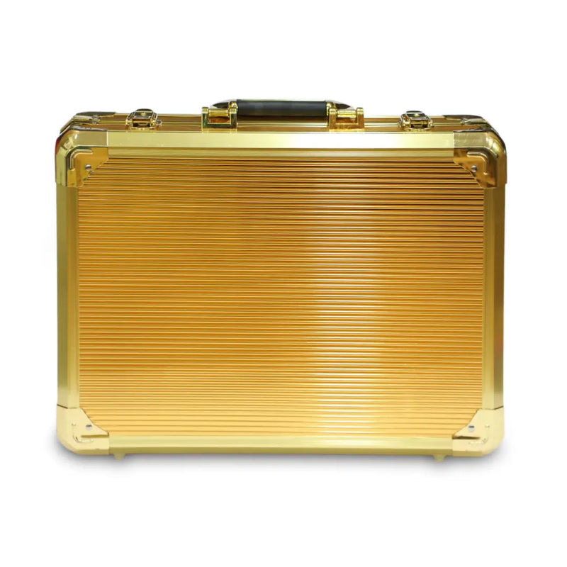Gold briefcase with a white background