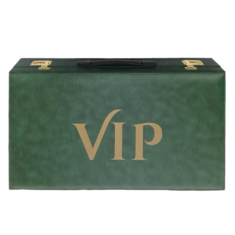 Green suitcase with 'VIP' text on a white background