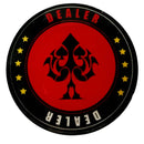 Round red and black card game indicator with biohazard symbol and 'DEALER' text.