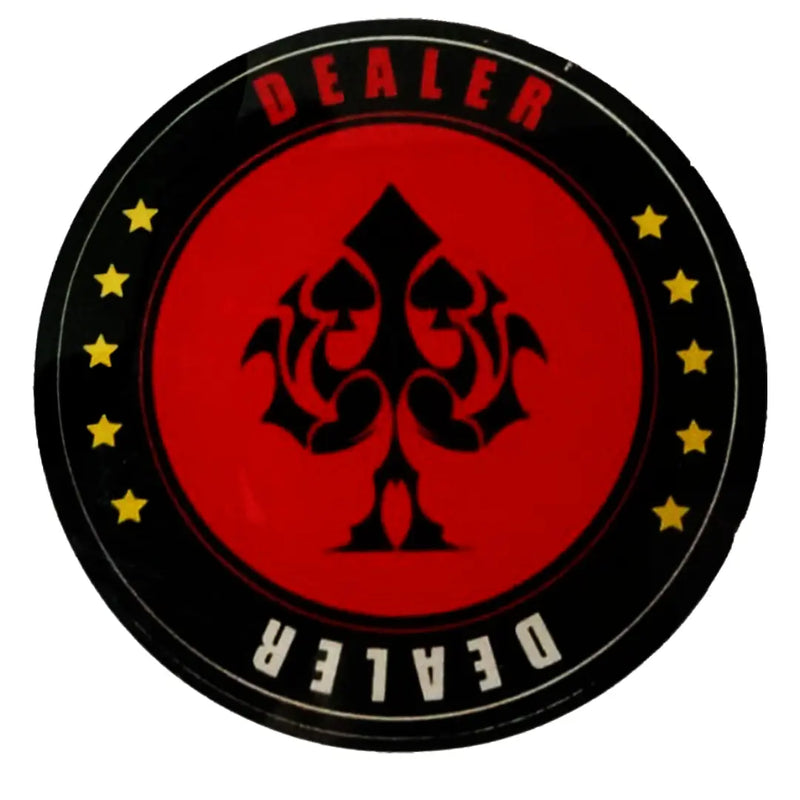 Round red and black card game indicator with biohazard symbol and 'DEALER' text.