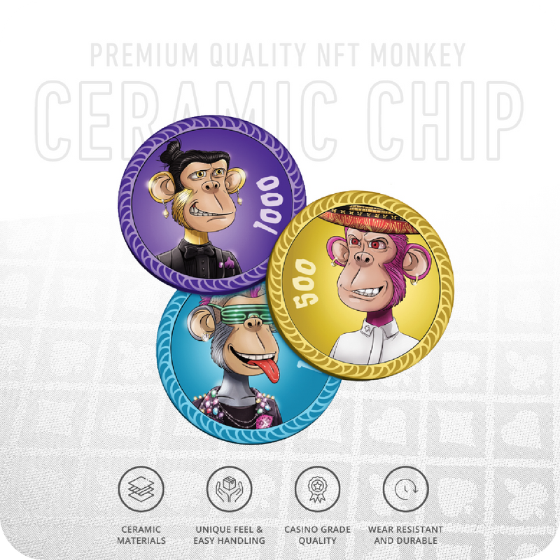 NFT Monkey Poker Chips Set - 300 & 500 Pieces, Ceramic, 40 MM, 12g