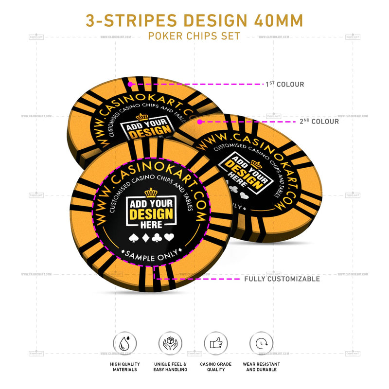 Customisable Casino Poker Chips, 3 Stripes Design 40 MM