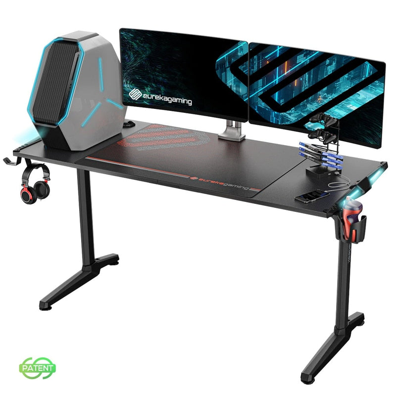 Eureka Ergonomic® Gaming Computer Desk 55" Home Office Gaming PC Table , I-Shaped Game and Work Station with New Polygon Legs Design, RGB LED Lights, Free Mouse Pad Controller Stand Cup Holder & Headphone Hook, Black