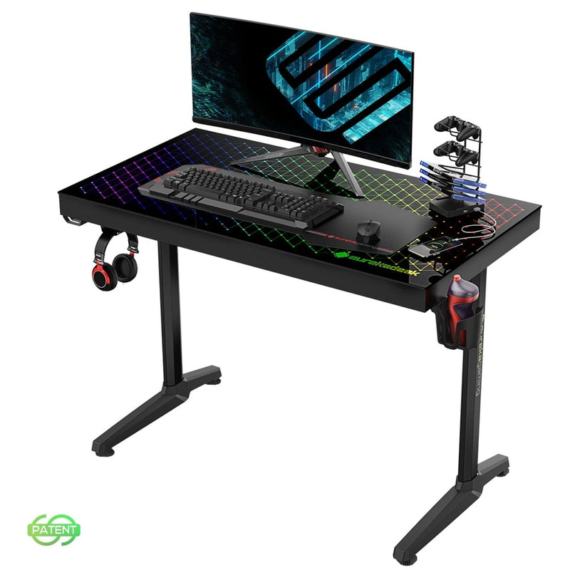 Eureka Ergonomic® 43 inch Tempered Glass Gaming Desk with RGB Lighting, Home Office Computer Desk New Polygon Legs Design, Free Controller Stand Cup Holder & Headphone Hook, Black