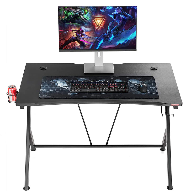 Mr IRONSTONE Gaming Desk 45.3" W x 29" D Home Office Computer Table, Black Gamer Workstation with Cup Holder, Headphone Hook and 2 Cable Management Holes