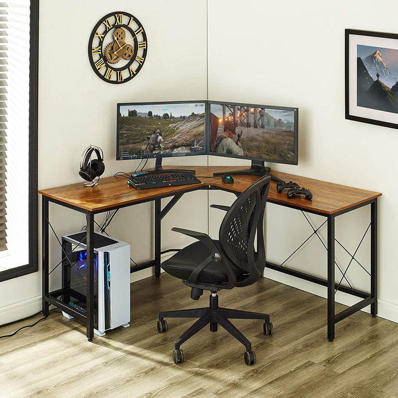 Mr IRONSTONE L-Shaped Desk 59" Computer Corner Desk, Home Gaming Desk, Office Writing Workstation, Space-Saving, Easy to Assemble - ( Black, Vintage Board + Black Frame, White Marble )