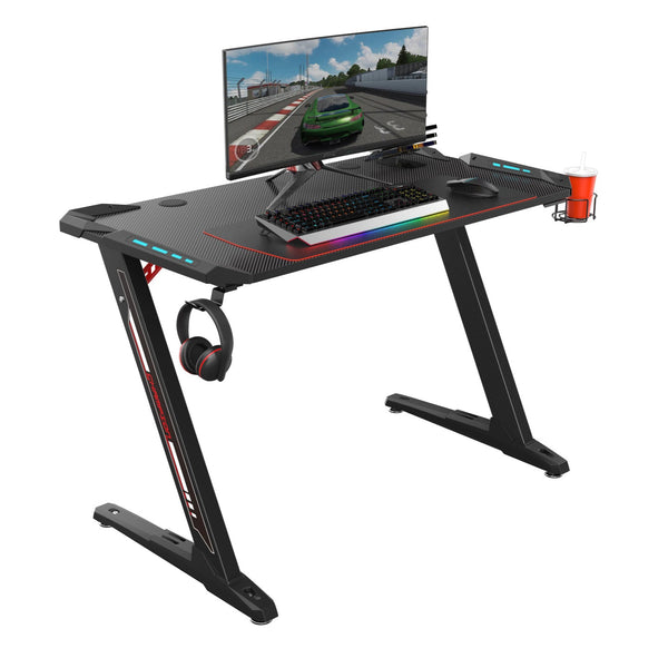 Eureka Ergonomic® Colonel Series Z1-S Gaming Computer Desk with RGB LED Lighting, Controller Stand, Cup Holder & Headphone Hook, Home Office Gaming Table, Black