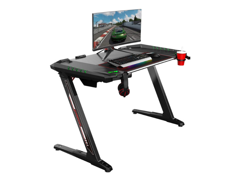 Carbon X Pro Ergonomic Z2 Gaming Desk - (BLACK) Computer Gaming Desk with Retractable Cup Holder & Headset Hook - RGB Light - casino-kart