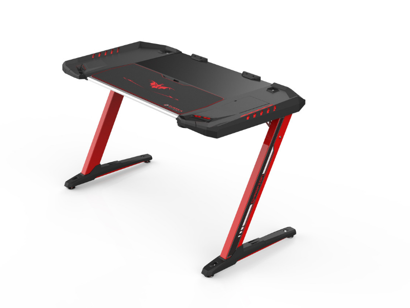Carbon X Pro Ergonomic Z2 Gaming Desk - (RED) Computer Gaming Desk with Retractable Cup Holder & Headset Hook - RGB Light - casino-kart